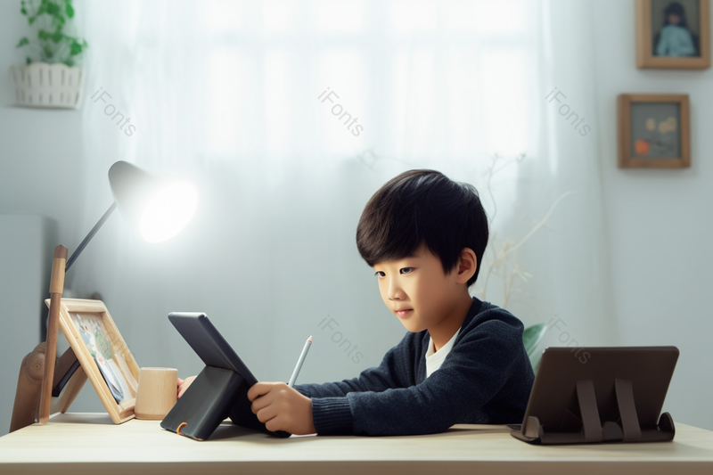 小男孩在家里坐着边看书边拿着笔在记笔记摄影背景,高清,摄影图,摄影图片,图片大全,摄影图免费下载